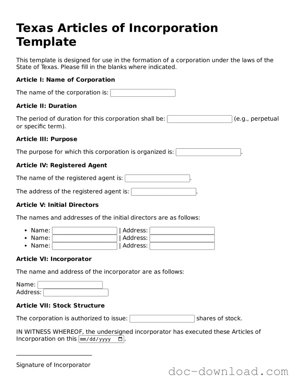 Blank  Articles of Incorporation Document for Texas