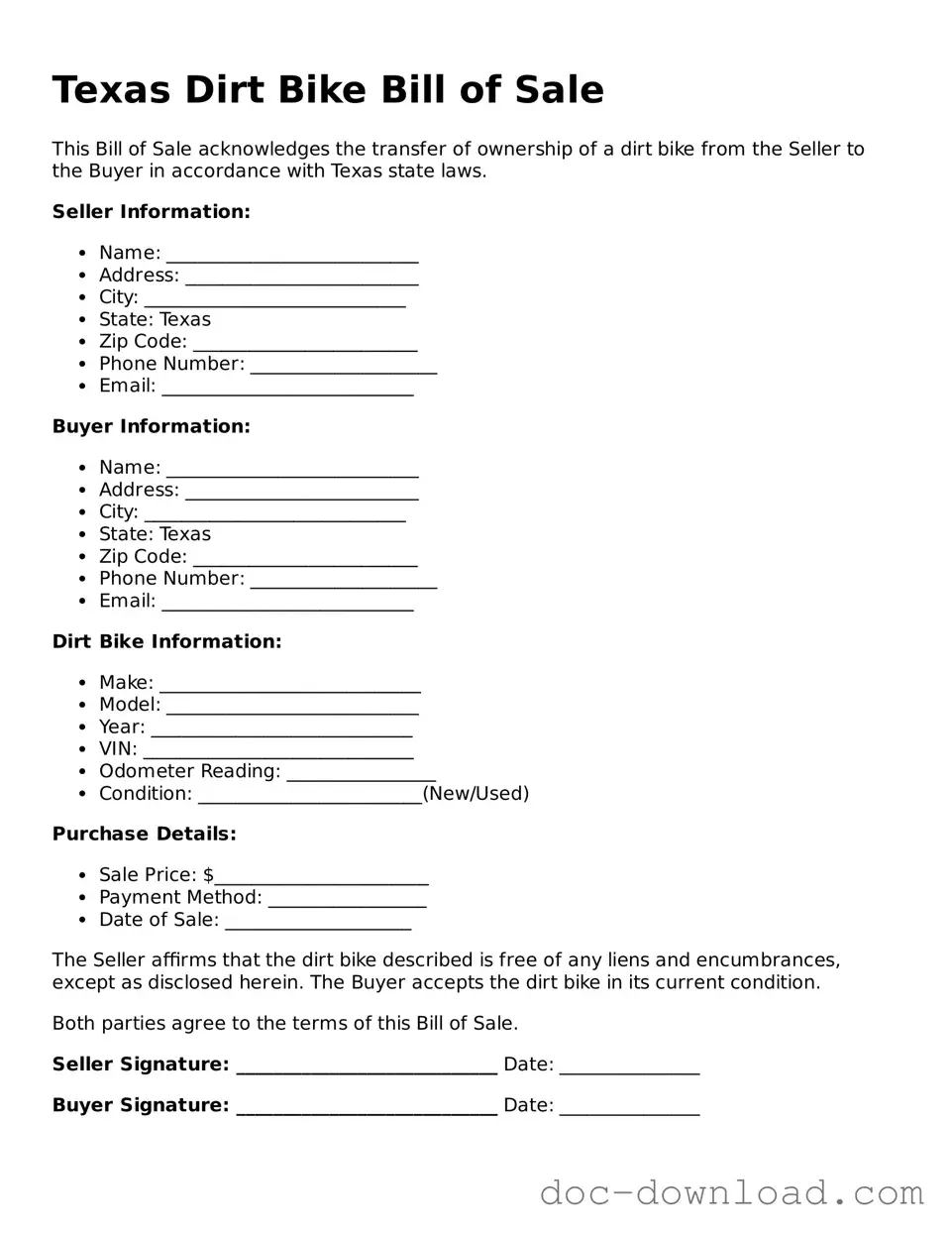 Blank  Dirt Bike Bill of Sale Document for Texas