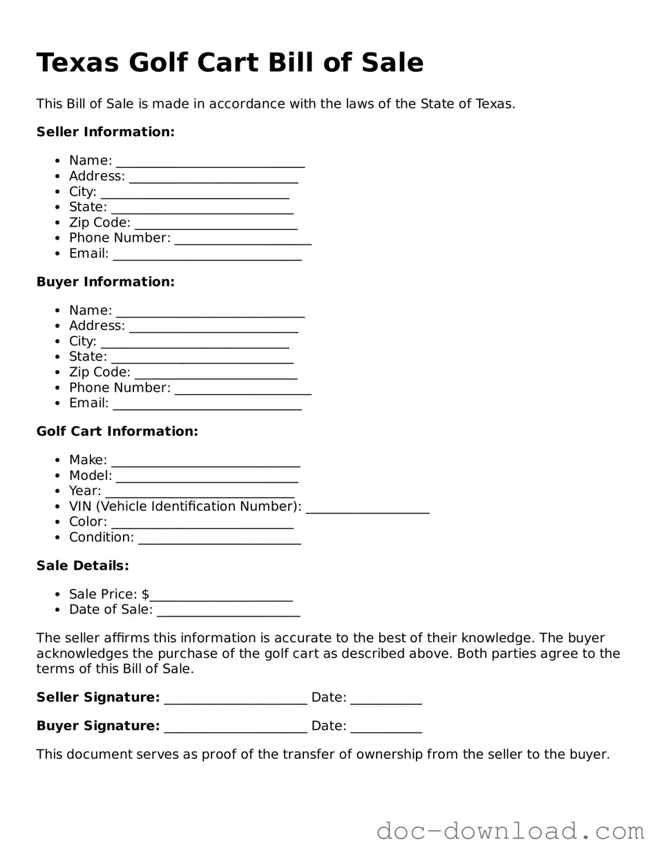 Blank  Golf Cart Bill of Sale Document for Texas