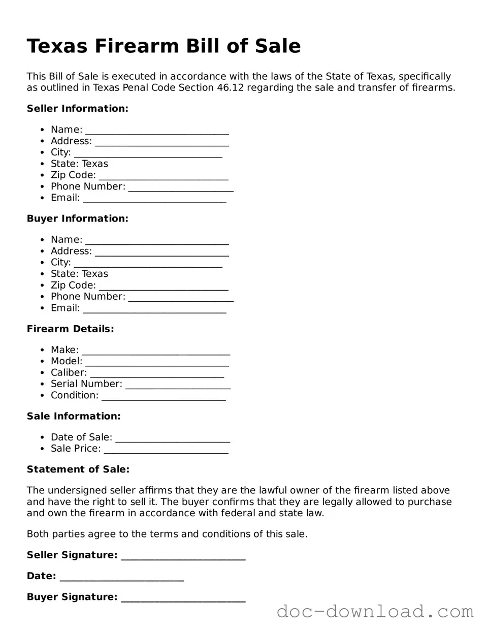 Blank  Firearm Bill of Sale Document for Texas