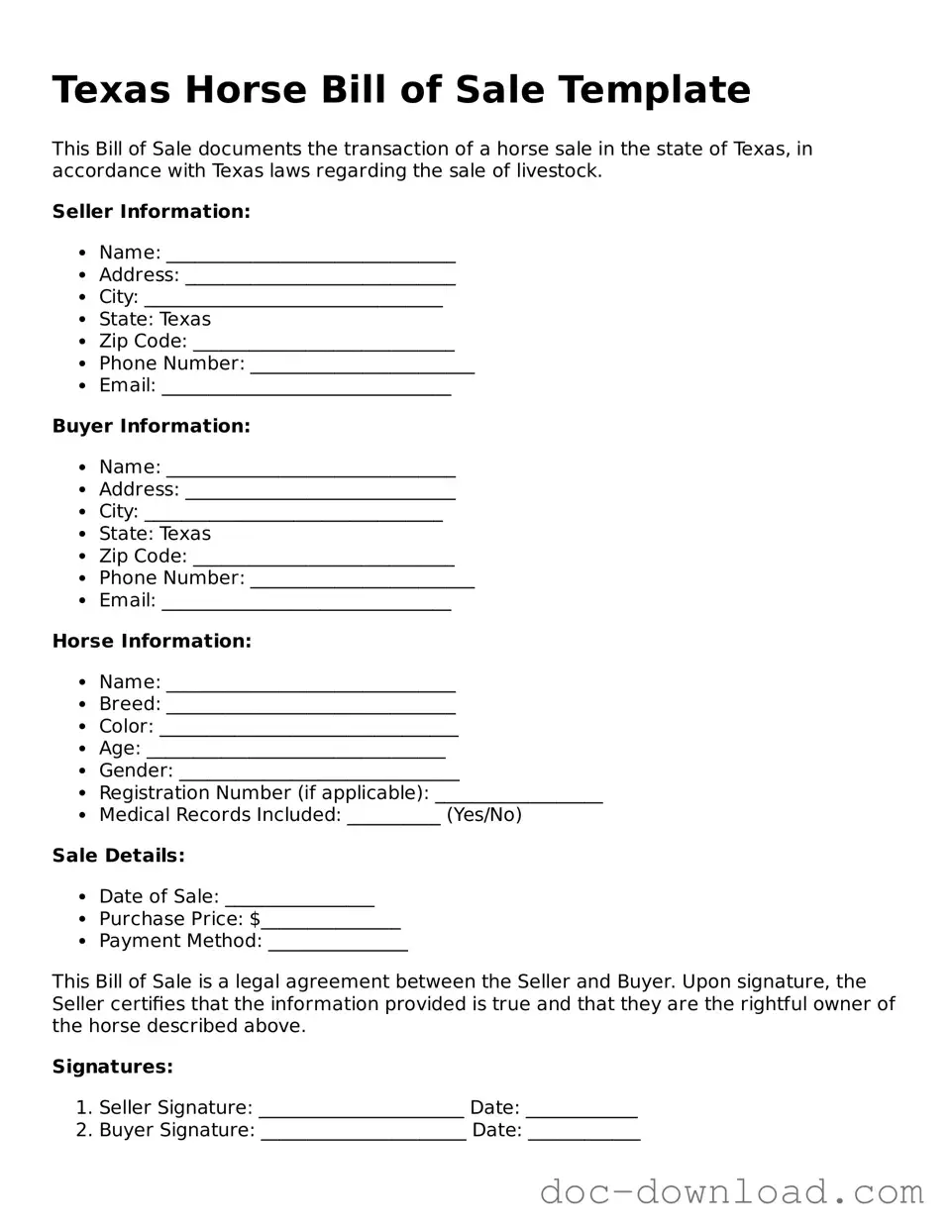 Blank  Horse Bill of Sale Document for Texas
