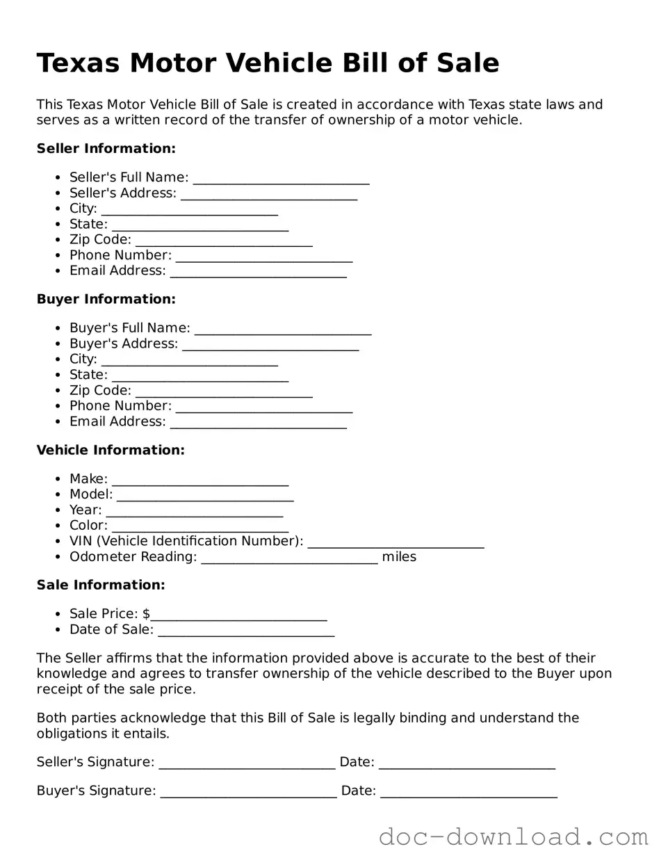 Blank  Motor Vehicle Bill of Sale Document for Texas