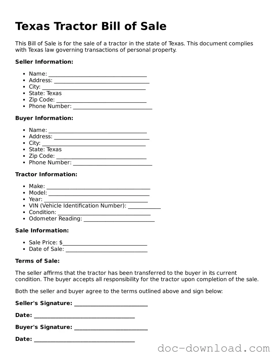 Blank  Tractor Bill of Sale Document for Texas