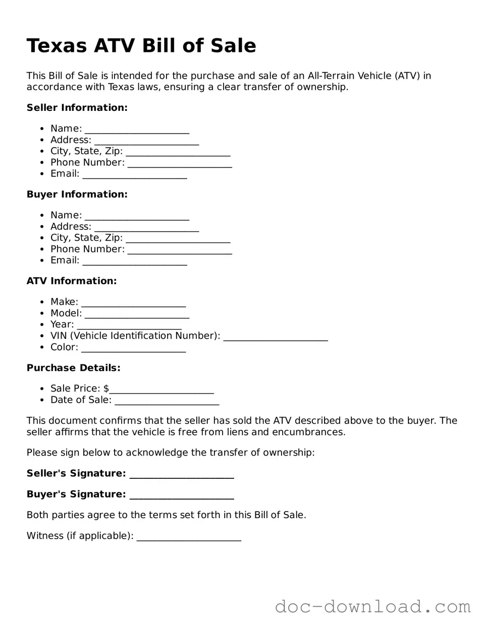 Blank  ATV Bill of Sale Document for Texas