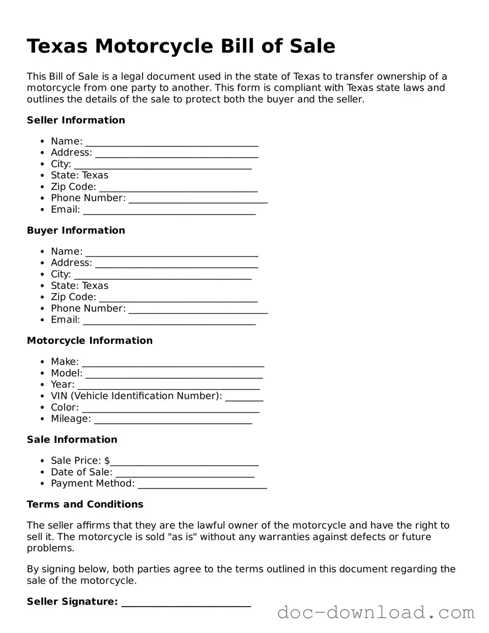 Blank  Motorcycle Bill of Sale Document for Texas