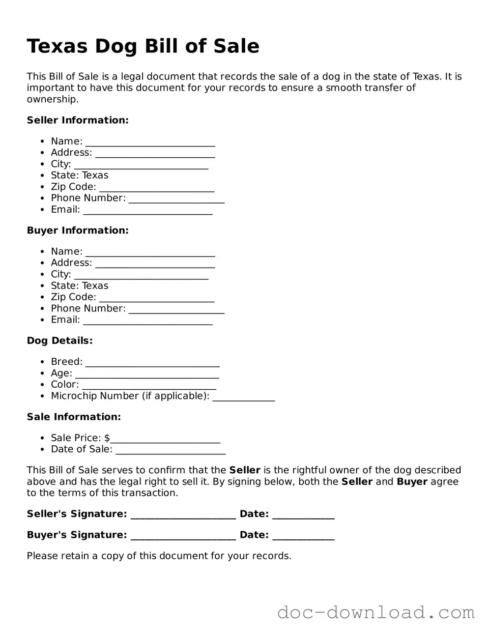 Blank  Dog Bill of Sale Document for Texas