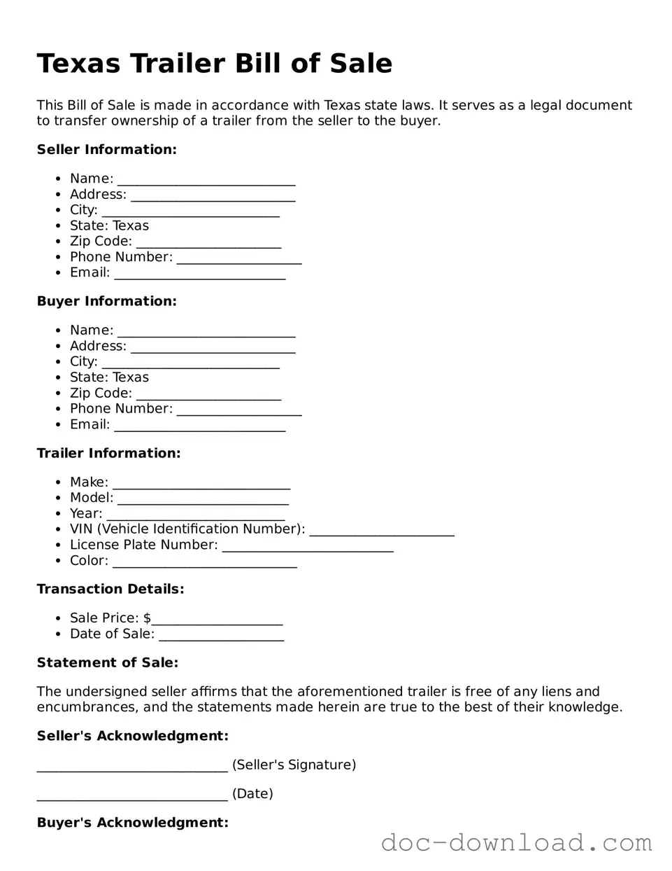 Blank  Trailer Bill of Sale Document for Texas