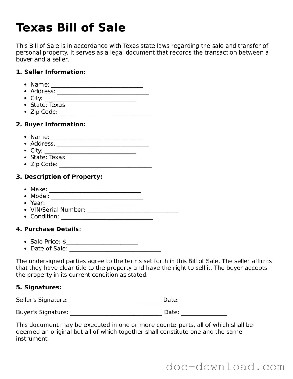 Blank  Bill of Sale Document for Texas