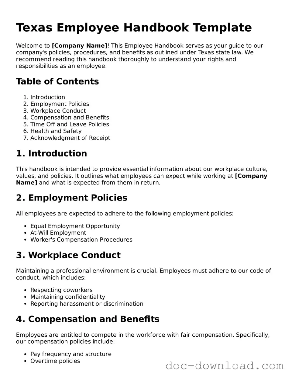 Blank  Employee Handbook Document for Texas