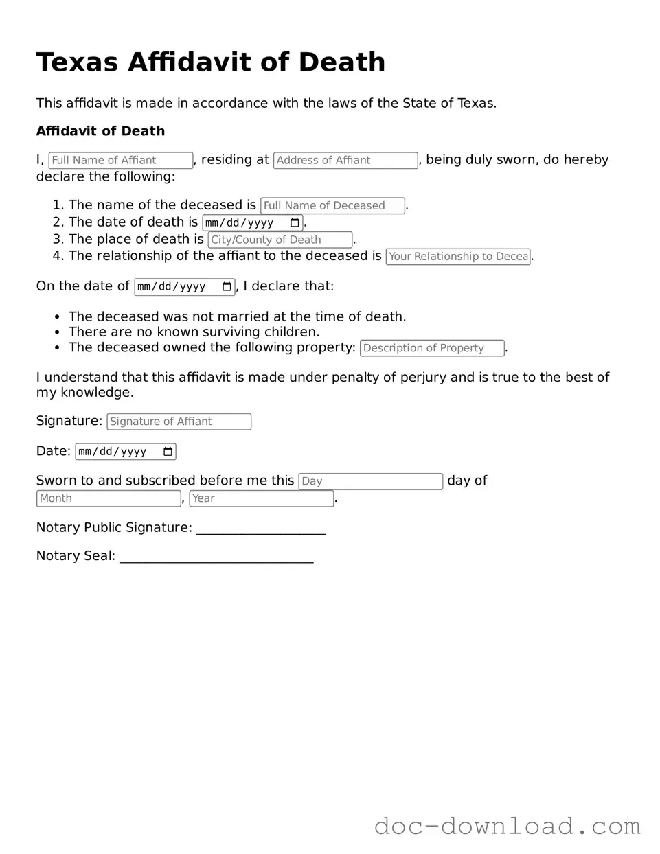Blank  Affidavit of Death Document for Texas