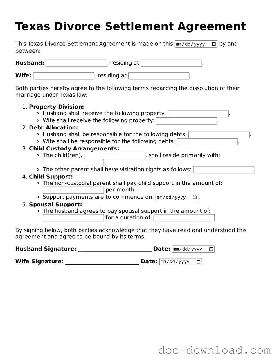 Blank  Divorce Settlement Agreement Document for Texas