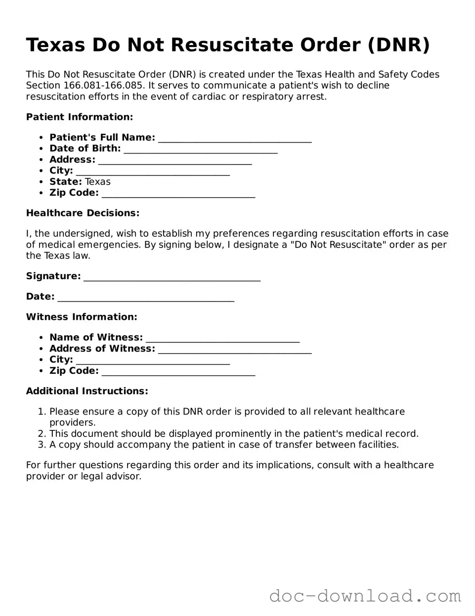 Blank  Do Not Resuscitate Order Document for Texas