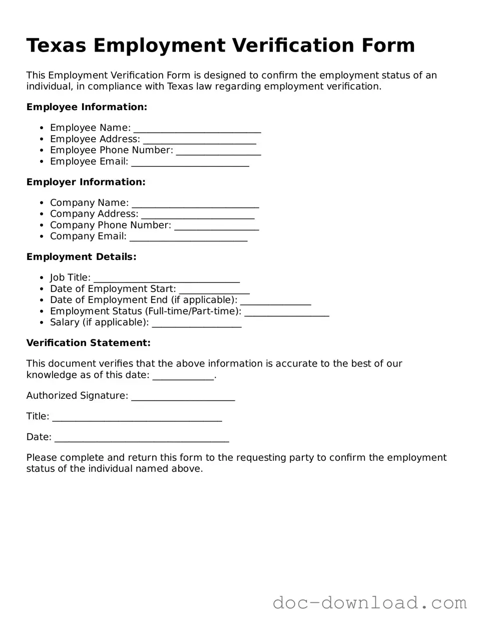Blank  Employment Verification Document for Texas