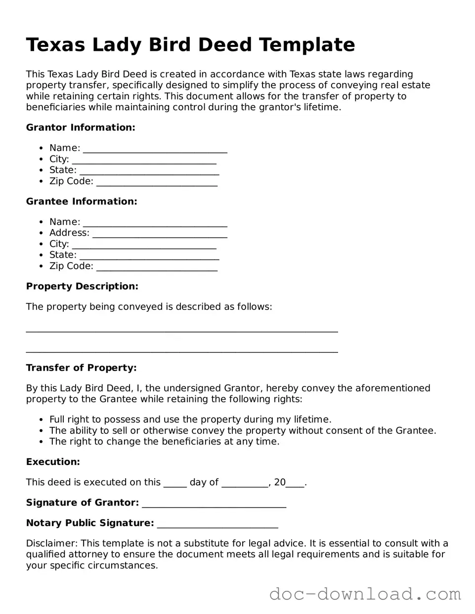 Blank  Lady Bird Deed Document for Texas