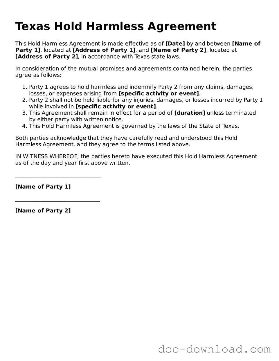 Blank  Hold Harmless Agreement Document for Texas