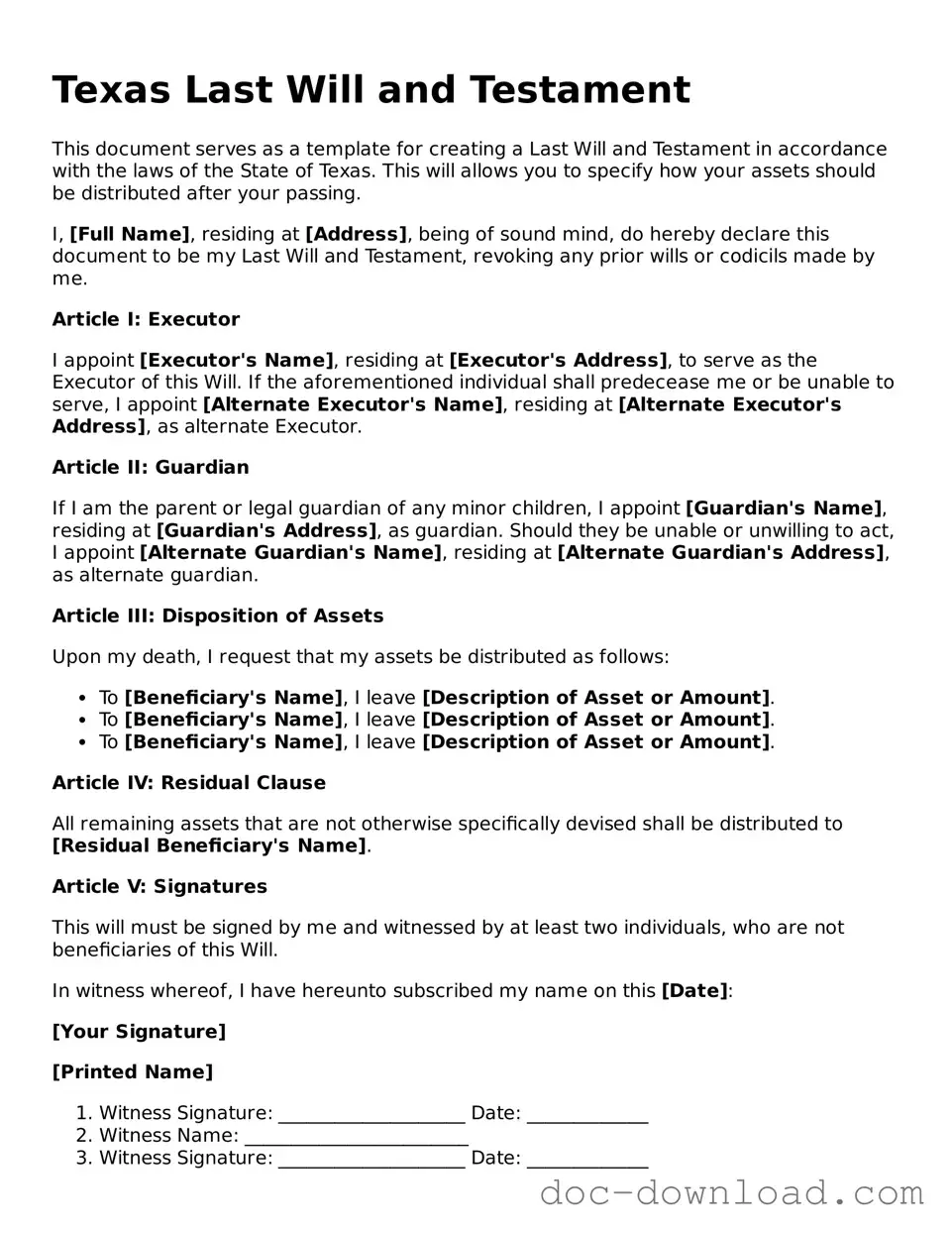 Blank  Last Will and Testament Document for Texas