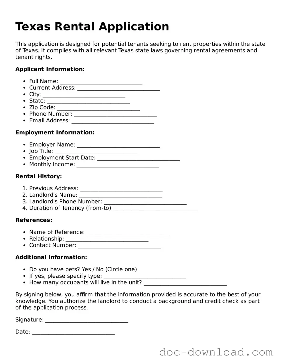 Blank  Rental Application Document for Texas