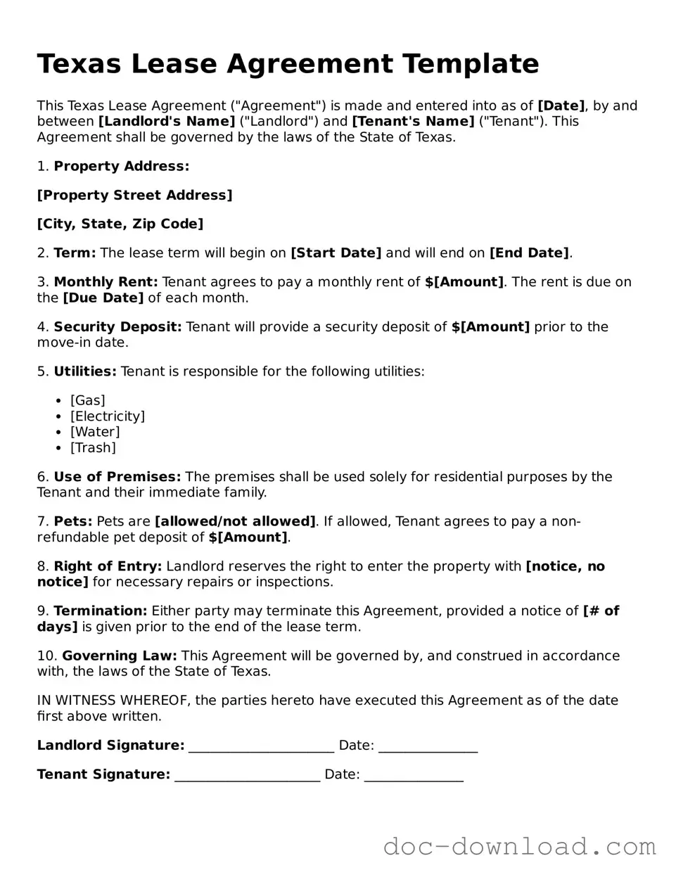 Blank  Lease Agreement Document for Texas