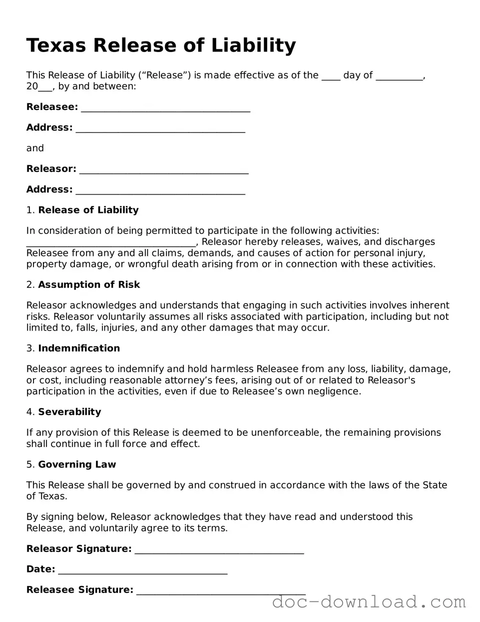 Blank  Release of Liability Document for Texas