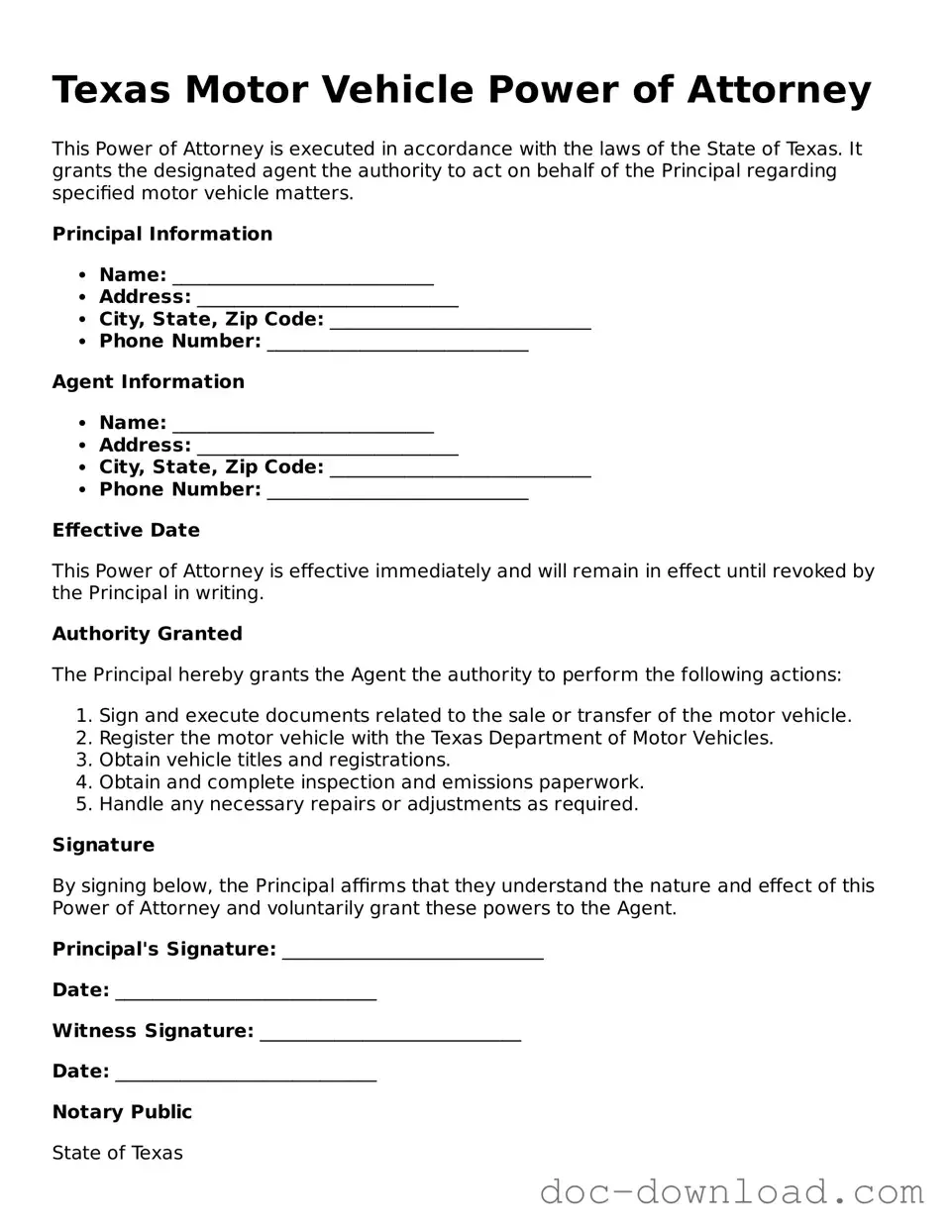 Blank  Motor Vehicle Power of Attorney Document for Texas