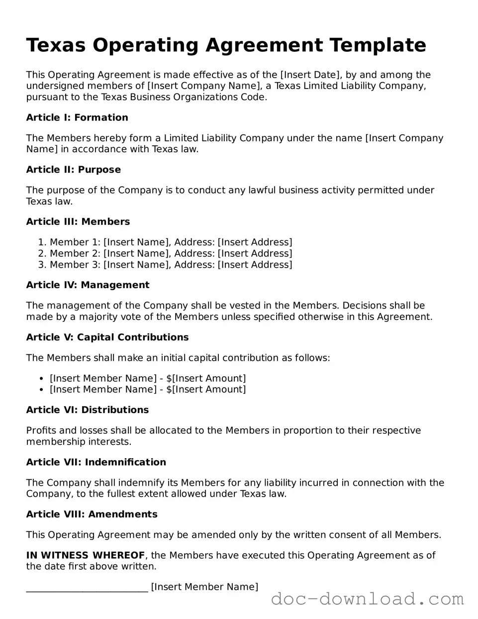 Blank  Operating Agreement Document for Texas