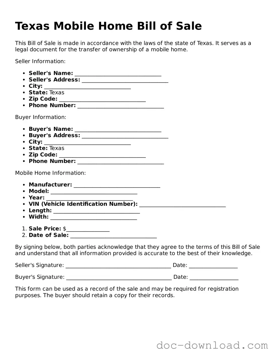 Blank  Mobile Home Bill of Sale Document for Texas
