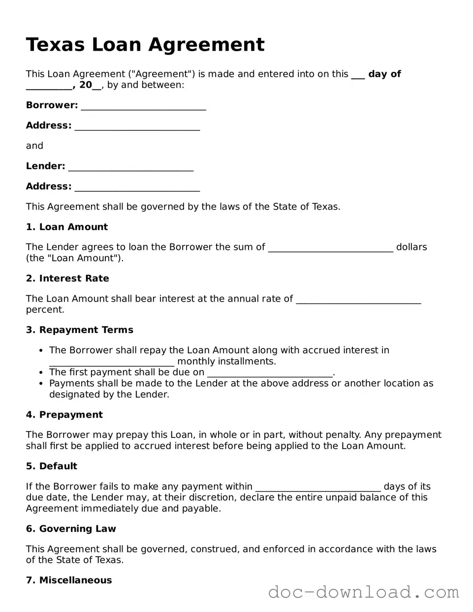 Blank  Loan Agreement Document for Texas