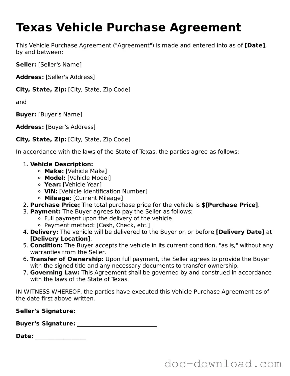 Blank  Vehicle Purchase Agreement Document for Texas
