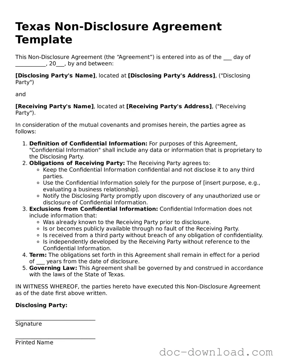 Blank  Non-disclosure Agreement Document for Texas