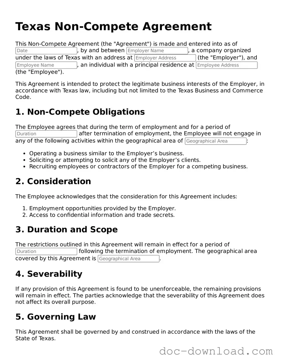 Blank  Non-compete Agreement Document for Texas