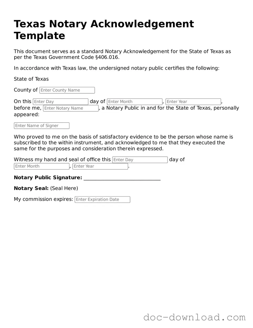 Blank  Notary Acknowledgement Document for Texas