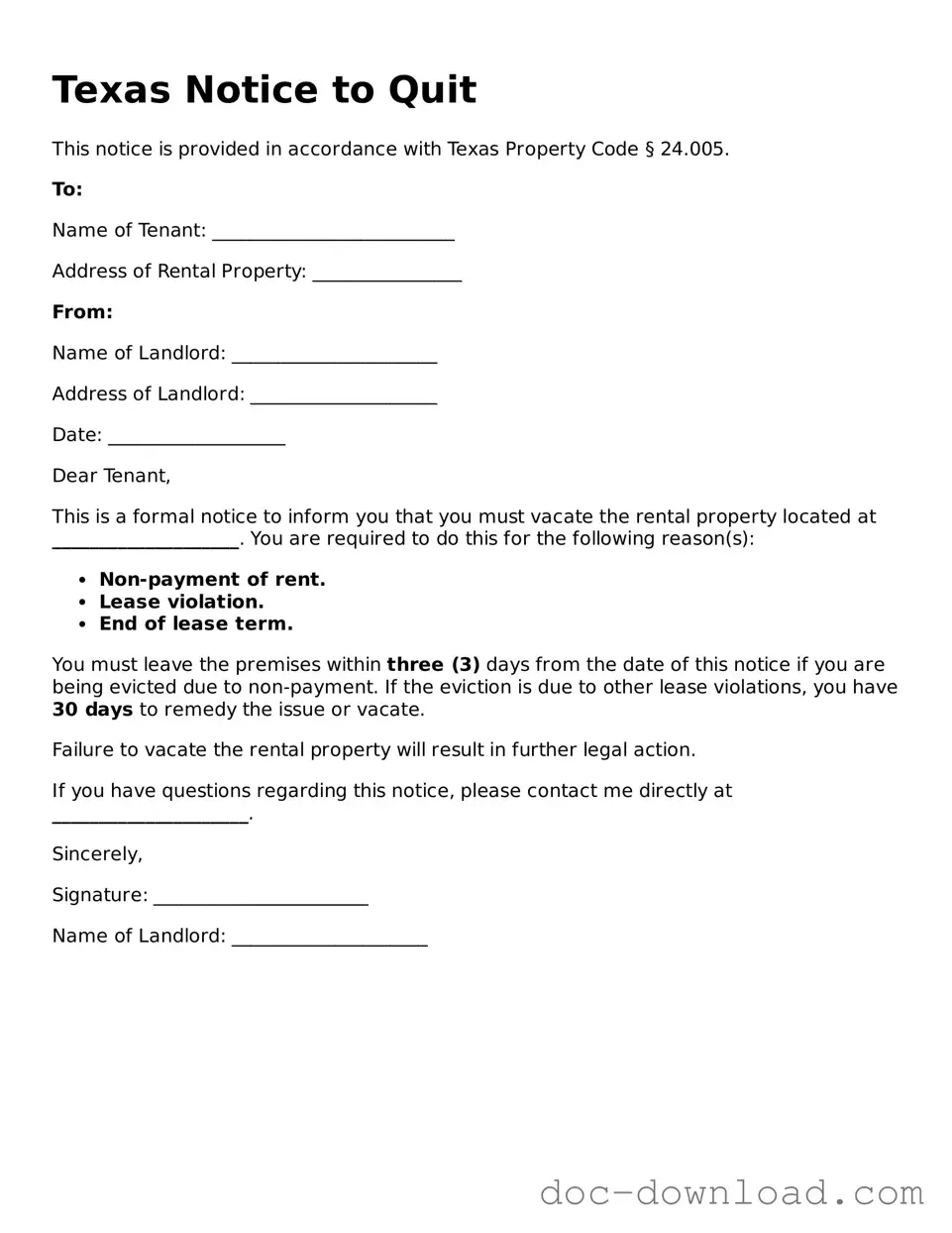 Blank  Notice to Quit Document for Texas