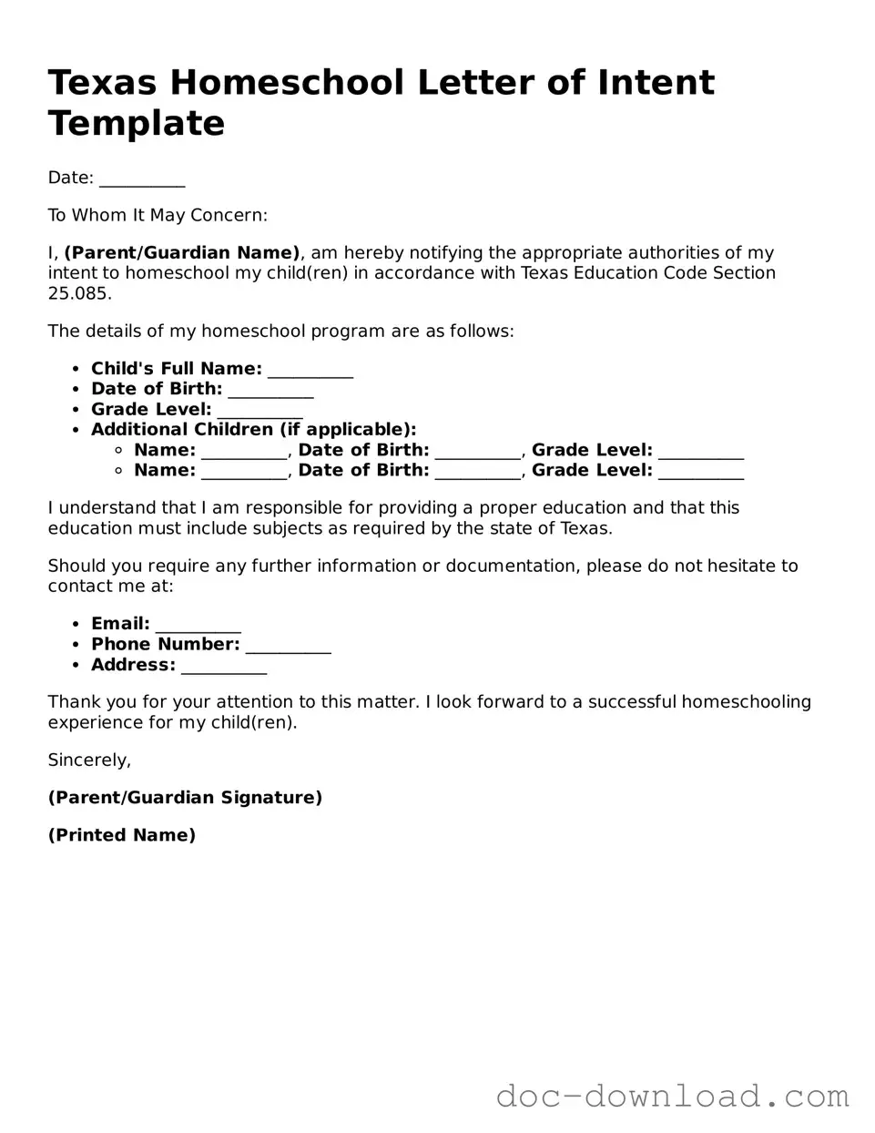 Blank Homeschool Letter of Intent Document for Texas
