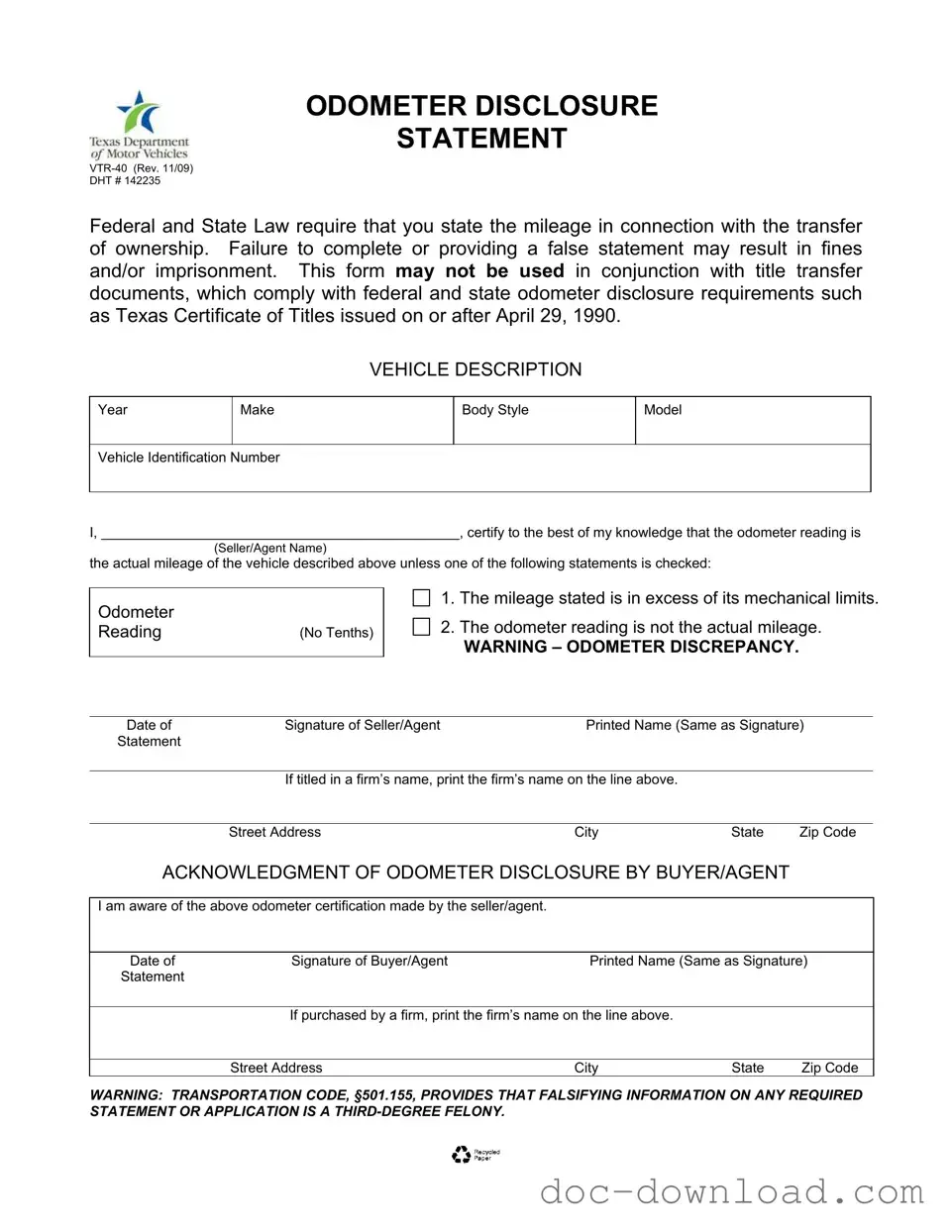 Fill Out Your Texas Odometer Statement Template