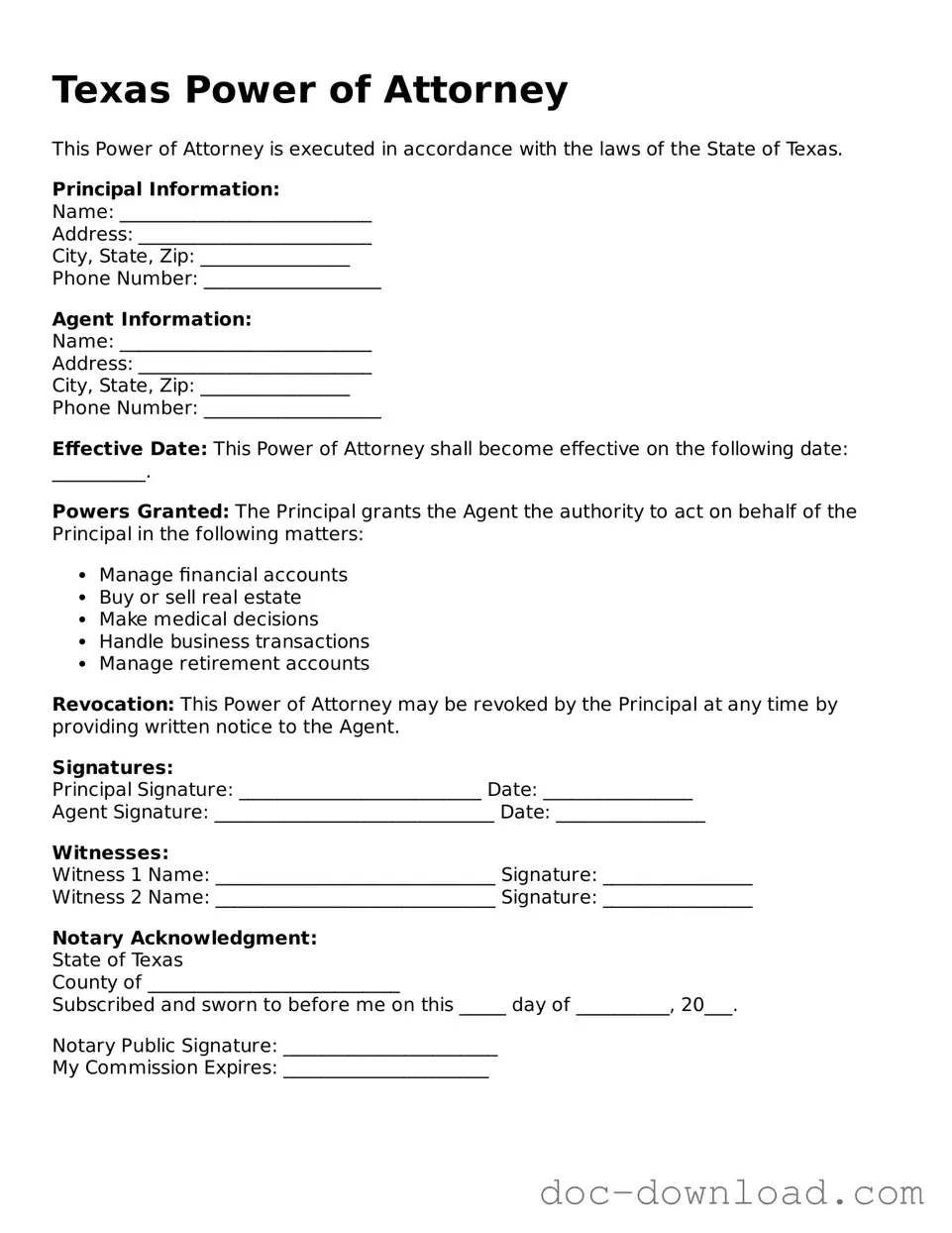 Blank  Power of Attorney Document for Texas