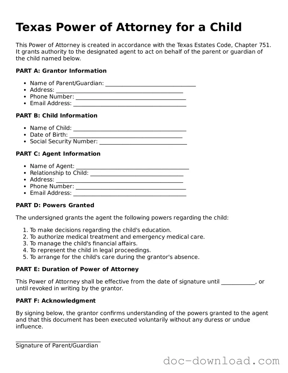 Blank  Power of Attorney for a Child Document for Texas