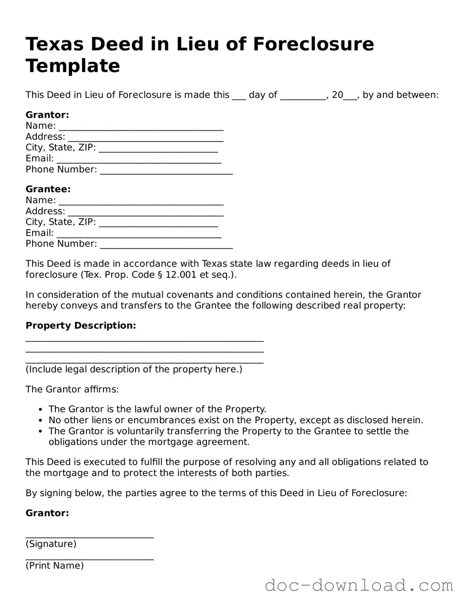 Blank  Deed in Lieu of Foreclosure Document for Texas