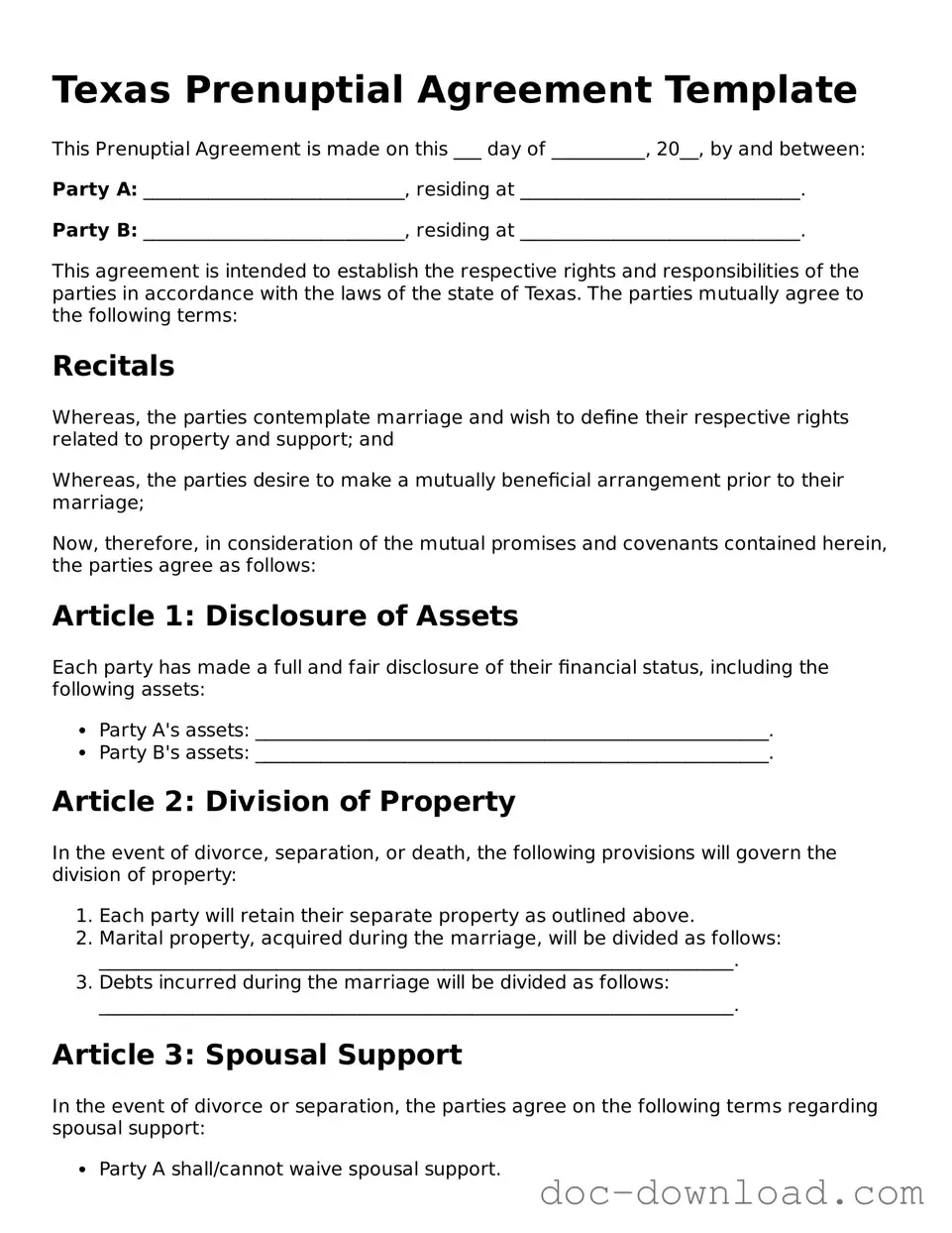 Blank  Prenuptial Agreement Document for Texas