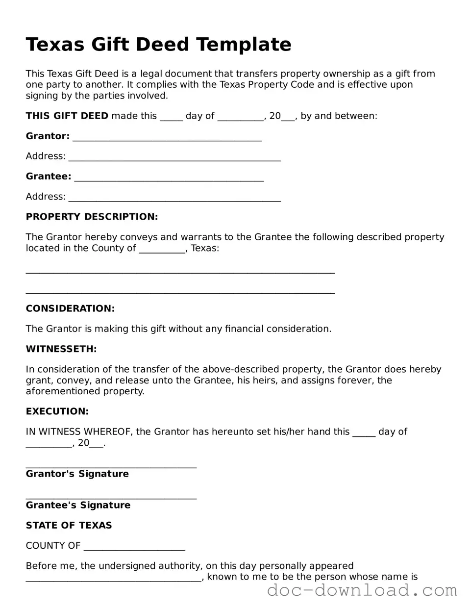 Blank  Gift Deed Document for Texas