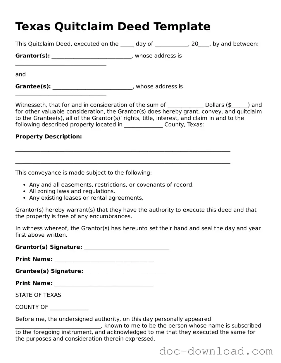 Blank  Quitclaim Deed Document for Texas