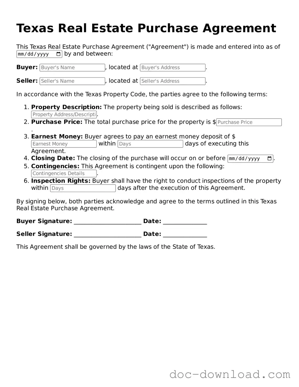 Blank  Real Estate Purchase Agreement Document for Texas