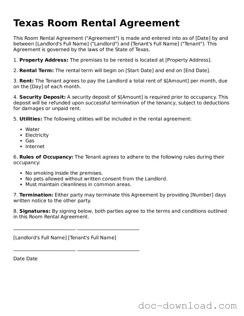 Blank  Room Rental Agreement Document for Texas