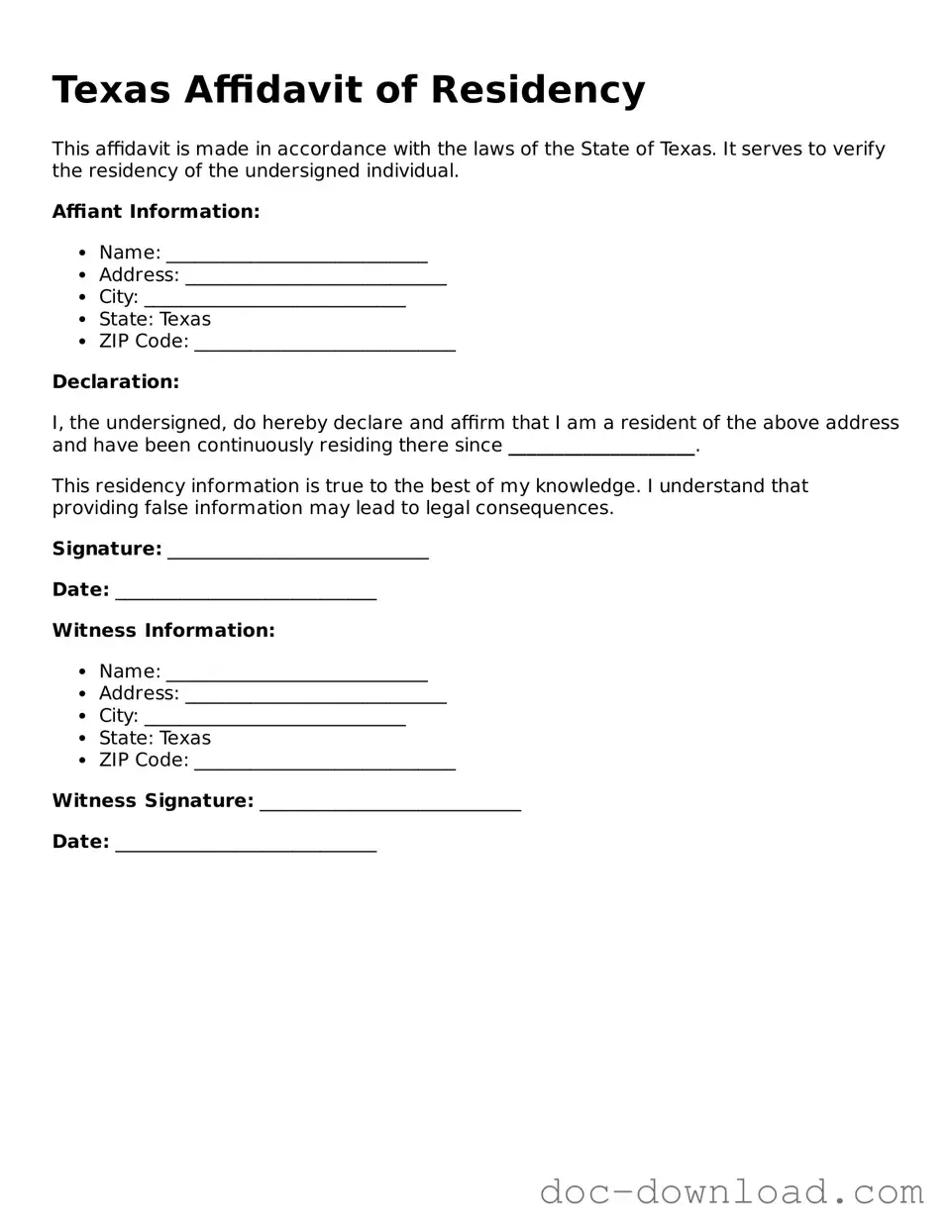 Blank  Affidavit of Residency Document for Texas