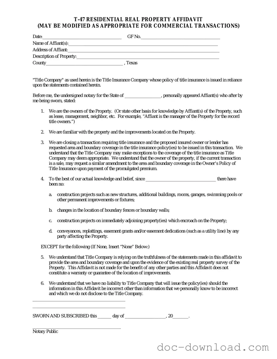 Fill Out Your Texas residential property affidavit T-47 Template