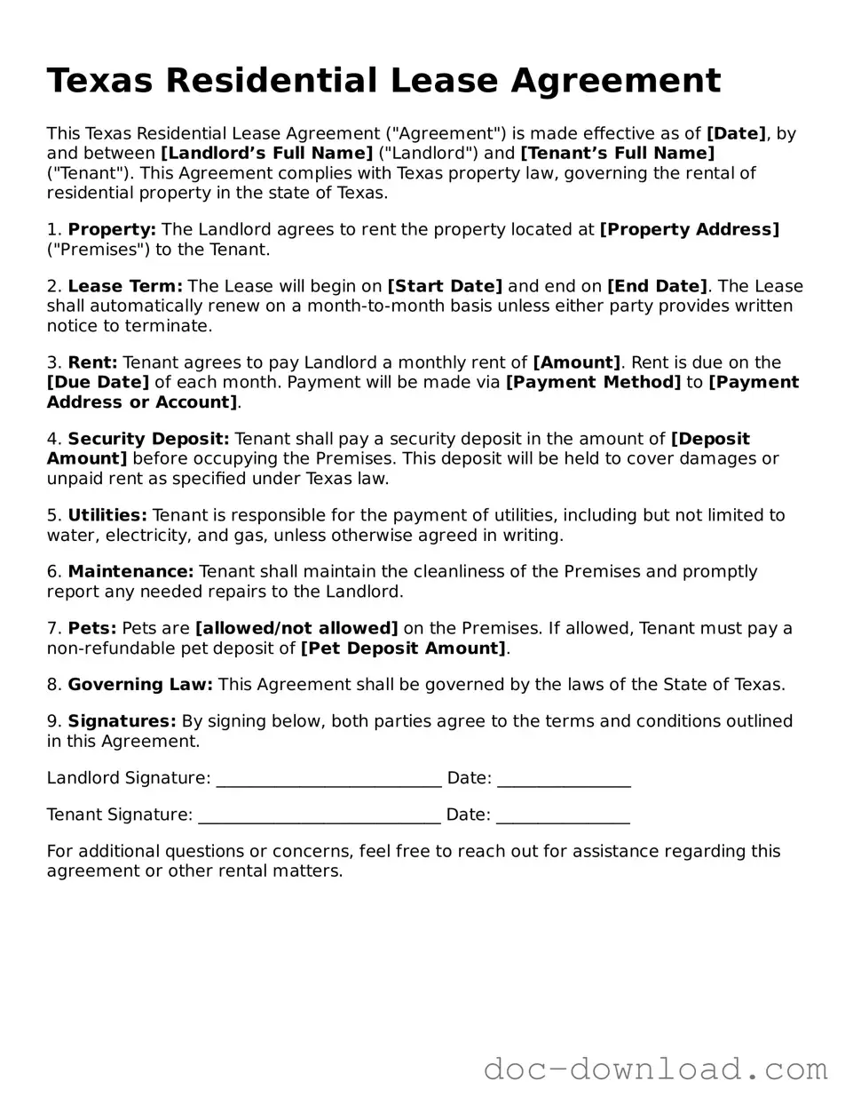 Blank  Residential Lease Agreement Document for Texas
