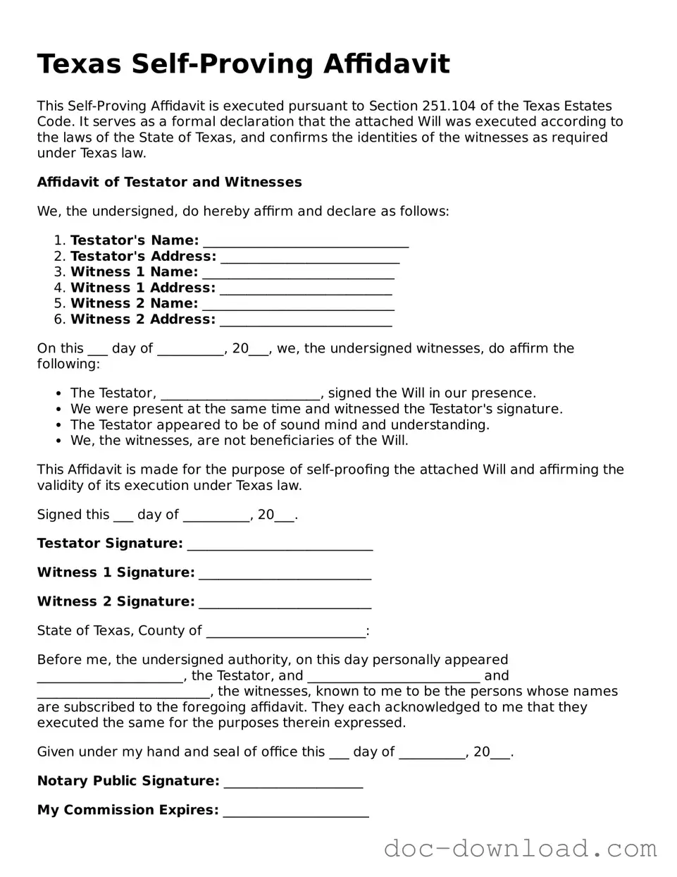 Blank  Self-Proving Affidavit Document for Texas