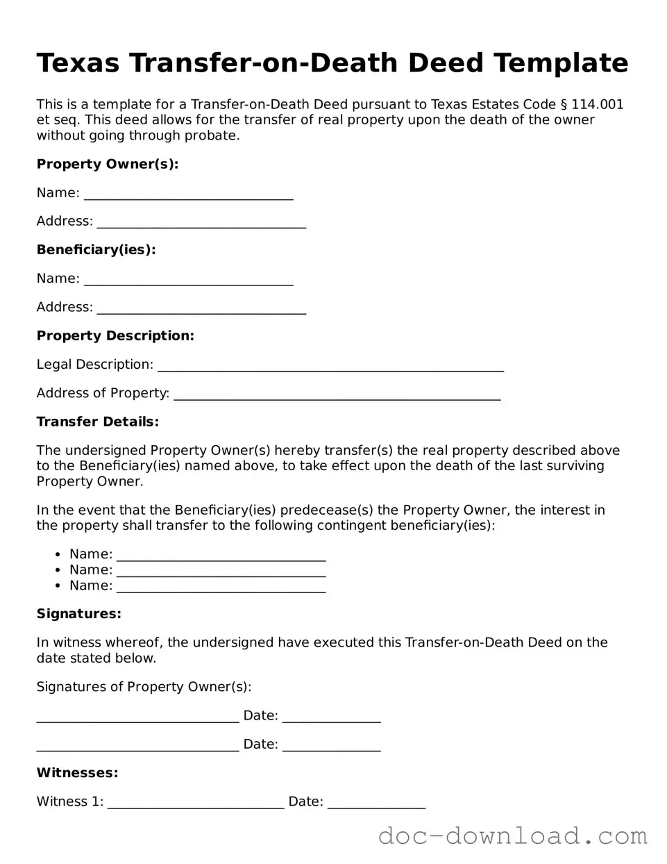 Blank  Transfer-on-Death Deed Document for Texas