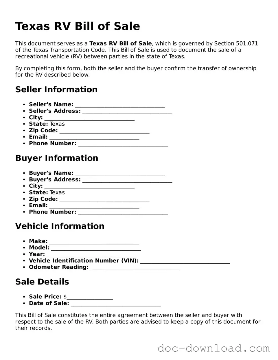 Blank  RV Bill of Sale Document for Texas