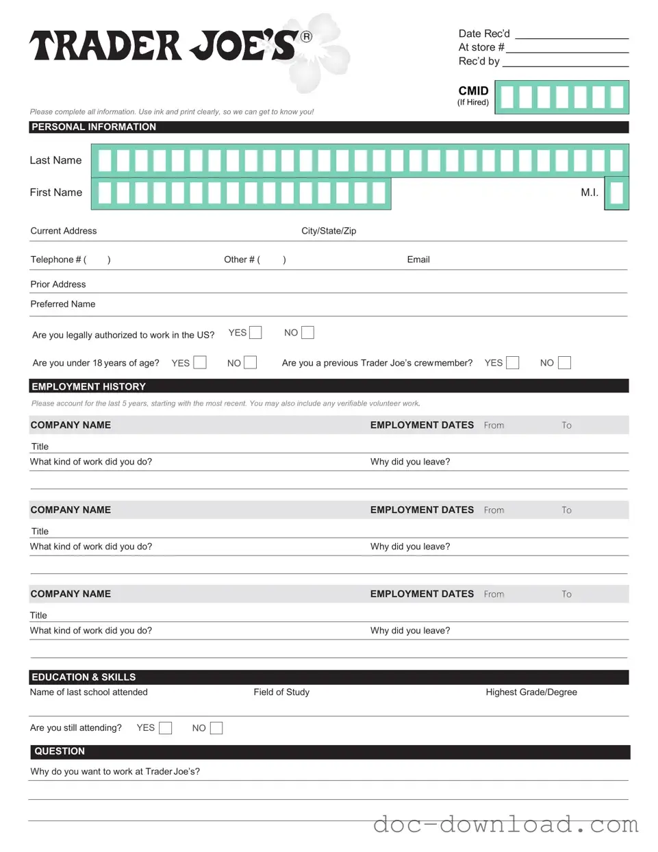 Fill Out Your Trader Joe's application Template