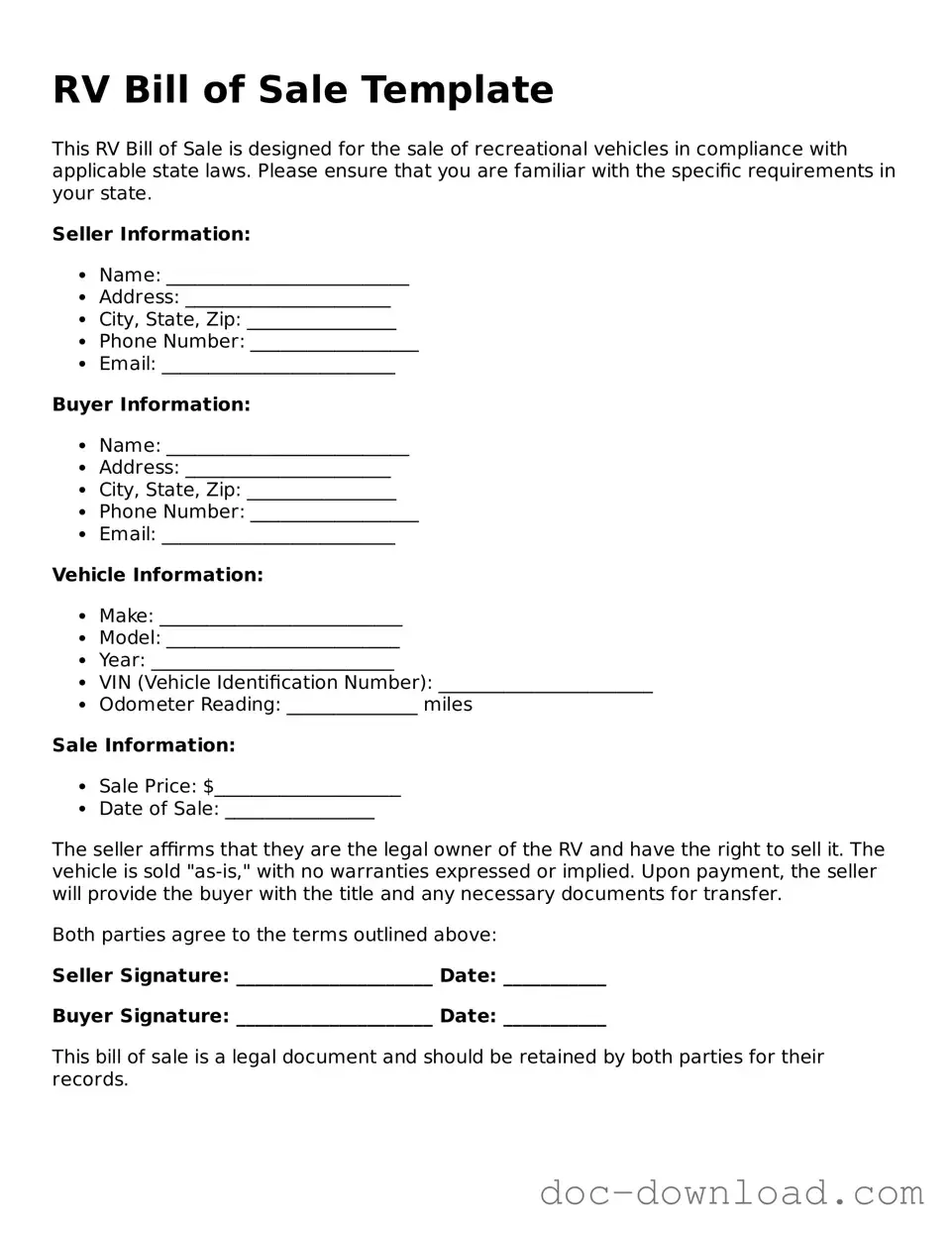 Printable RV Bill of Sale Template